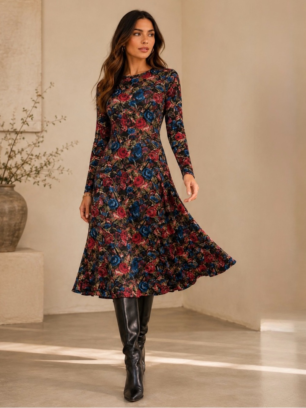 NWT OLIVIA by Livro Phoebe Jersey Knit Midi Dress Black Pink Blue Floral Size M